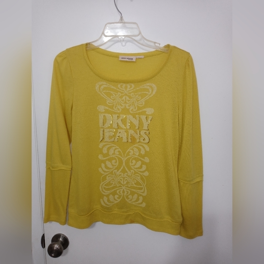 DKNY JEANS LONG EXTENDED SLEEVE LEMON YELLOW THERMAL BLOUSE SHIMMER LOGO